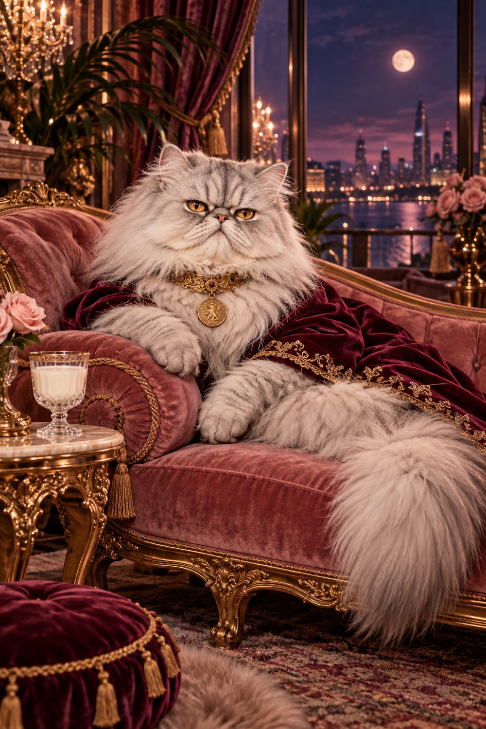 Lord Fluffington, a grumpy silver Persian cat in a velvet robe reclining on a rose-pink chaise